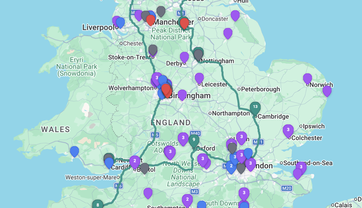 Live route map — active delivery routes across the UK