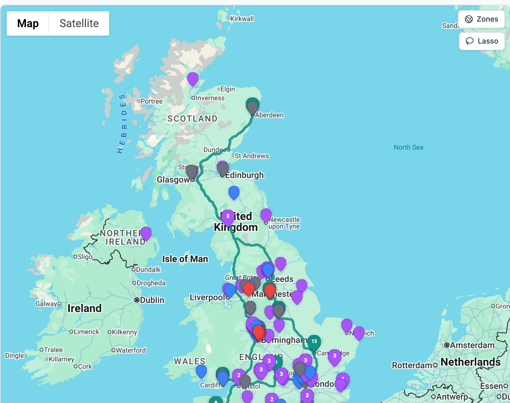 UK delivery route map with stops and zones